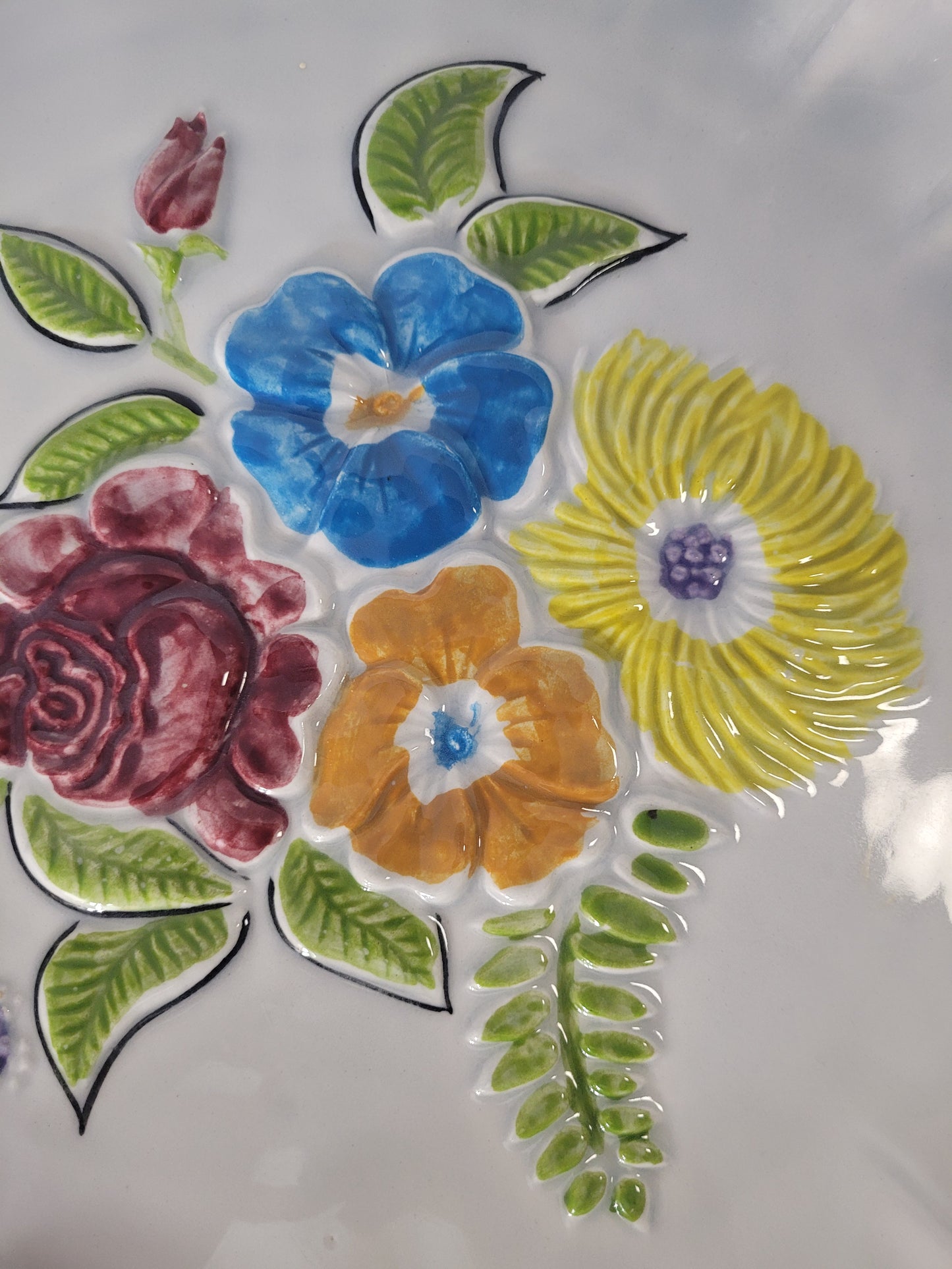 Vintage Calif USA 1071 Raised Floral Ceramic Serving Platter – 14-Inch