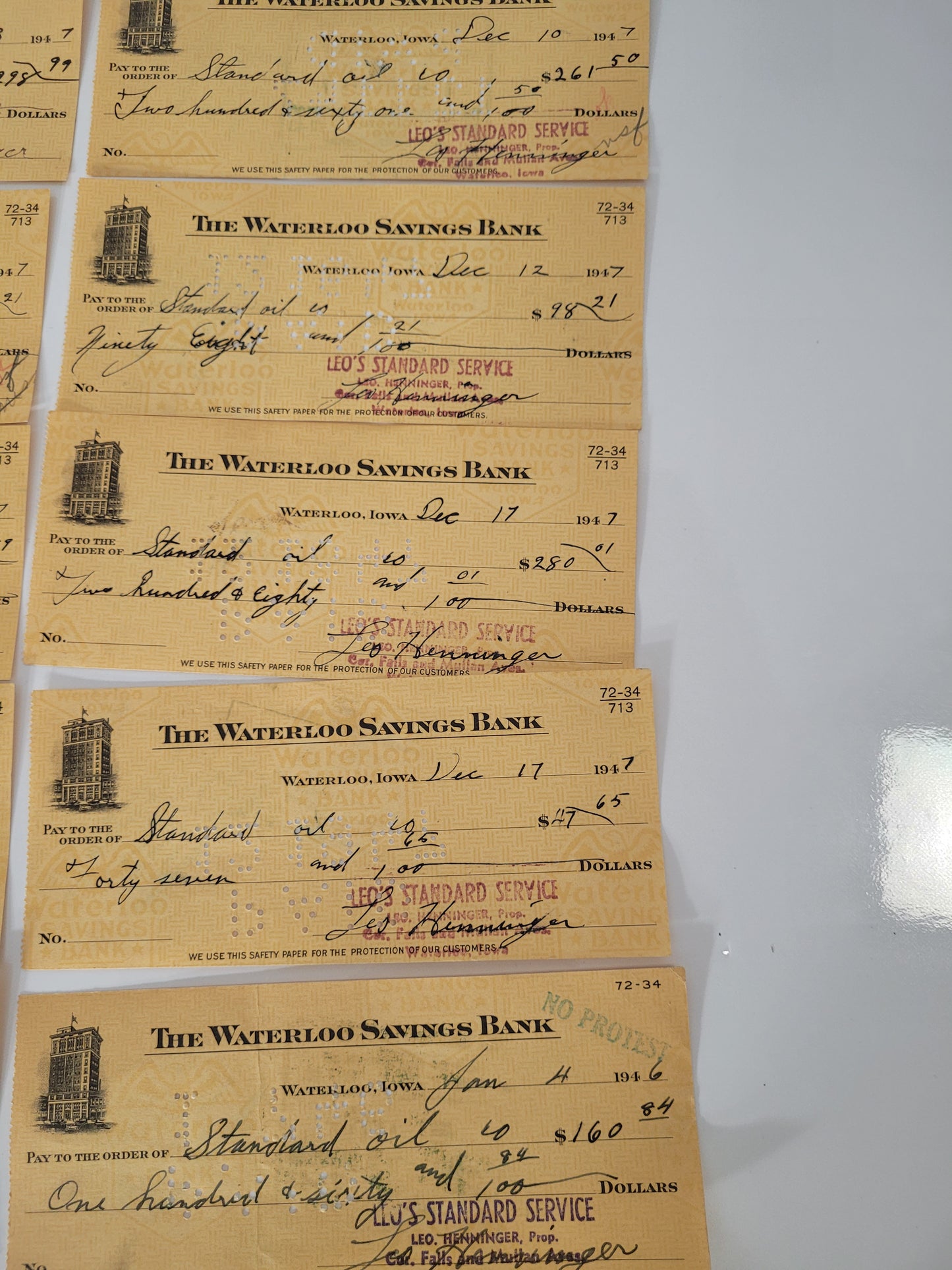 Lot of 10 Vintage 1946–1947 Standard Oil Cancelled Bank Checks – Waterloo, Iowa