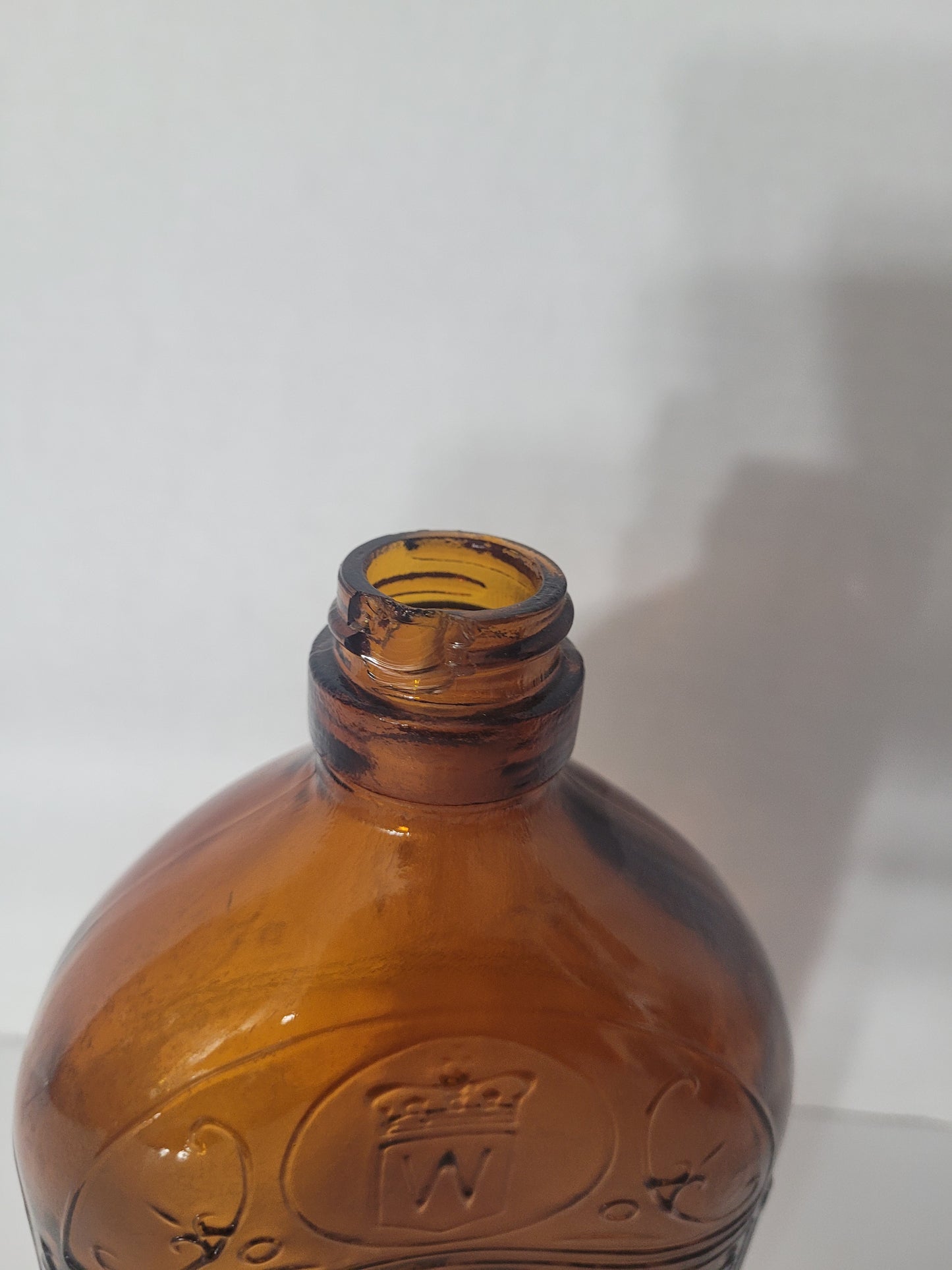 Vintage 1930s–1940s Hiram Walker Amber Glass Flask Bottle – Embossed Crown W