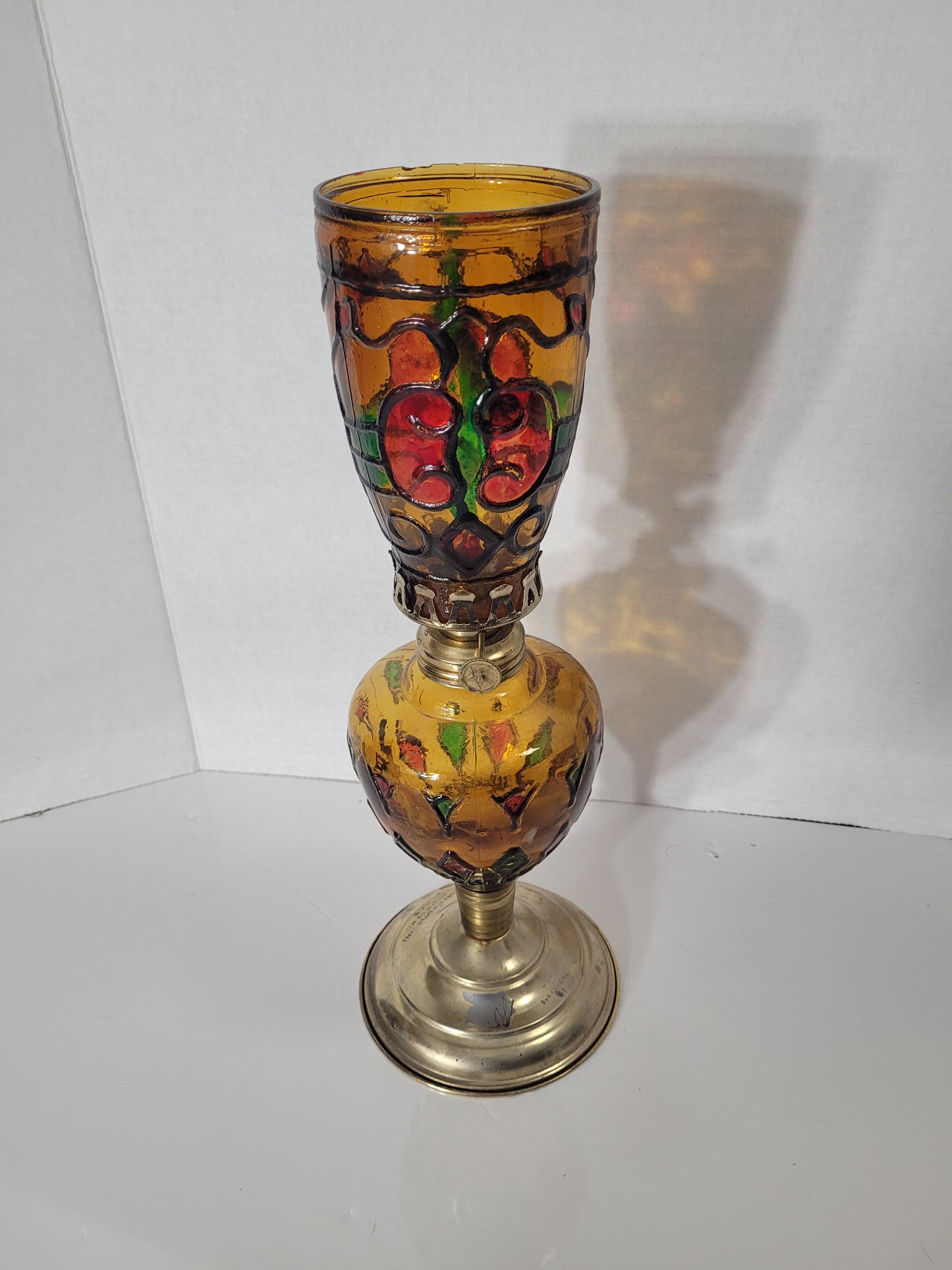 Vintage 1974–75 Bonnie Brae Bowling Lanes Hand-Painted Amber Glass Oil Lamp