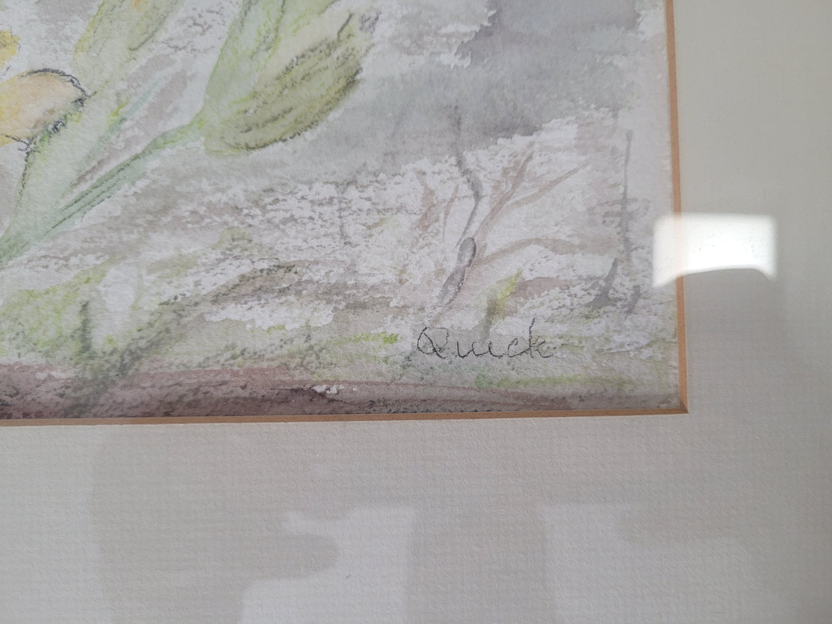 Quick Signed Saskatoon Artist Yellow Iris Watercolour – Framed 19.5" × 16"