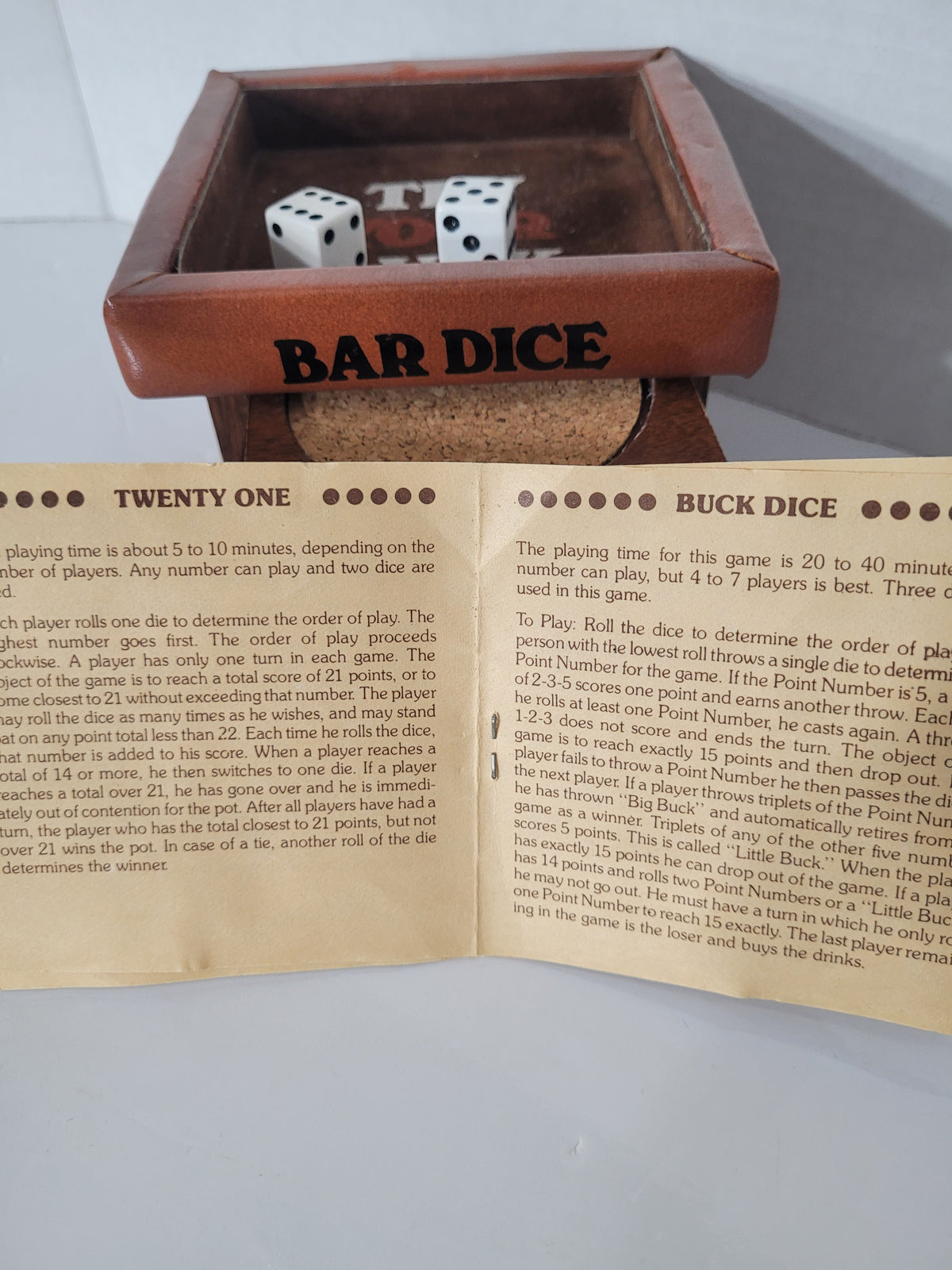 Vintage 1979 Enesco Bar Dice Game Set with Wooden Coasters – Complete Barware Conversation Piece