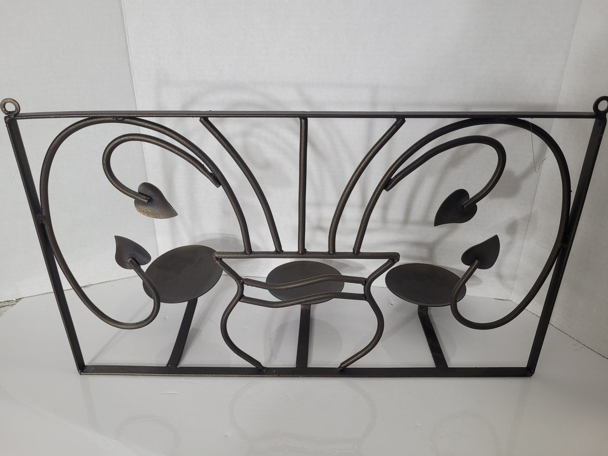 Vintage Wrought Iron Triple Candle Wall Sconce – Scroll & Leaf Design – 19"