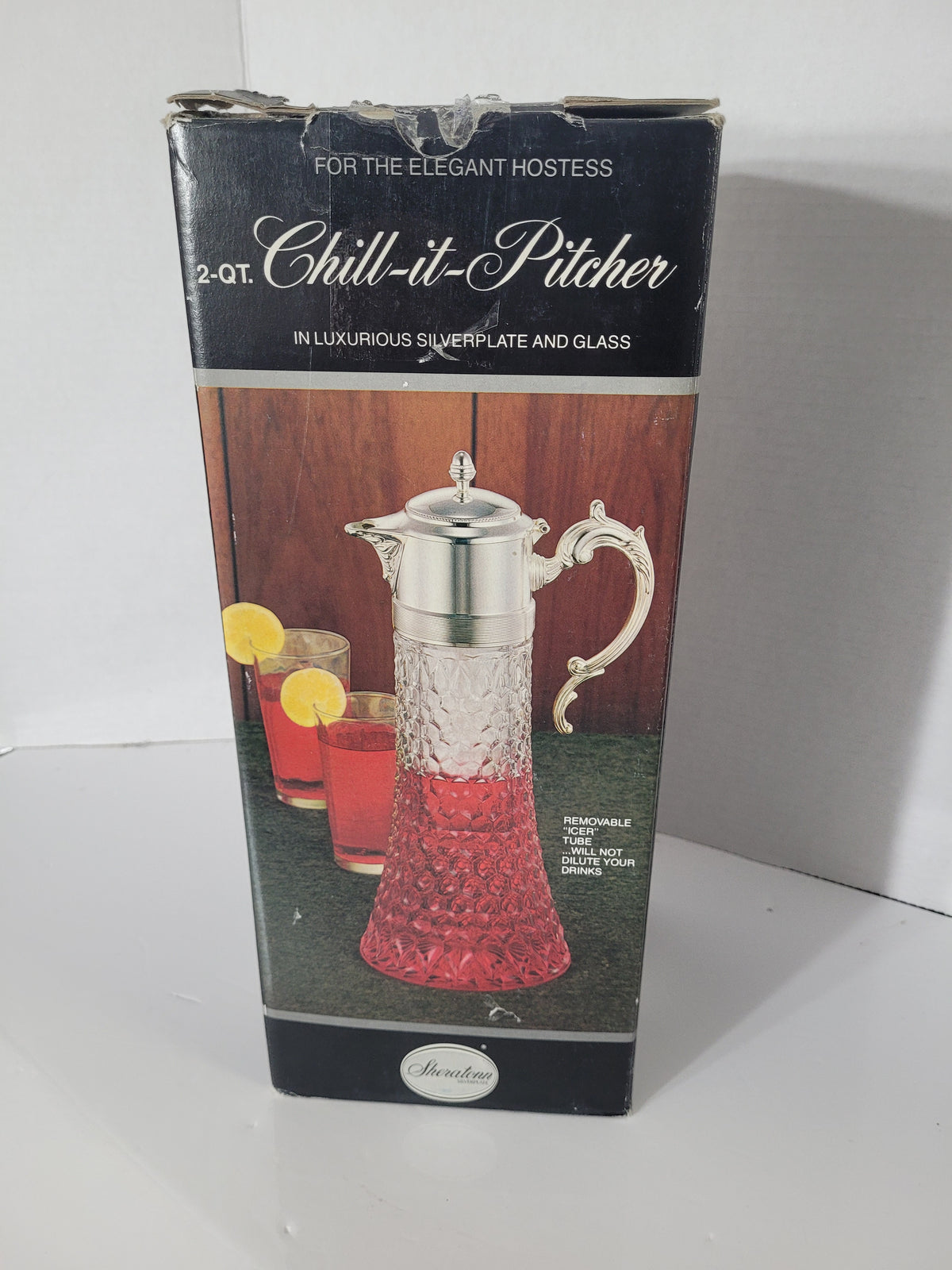 Vintage Sheraton 2-Quart “Chill-It” Pitcher – Silverplate & Heavy Glass – Original Box