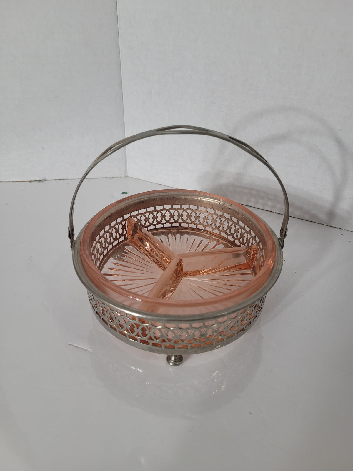 Vintage Pink Depression Glass 3-Part Relish Dish in Silverplate Basket – Handled Serving Piece