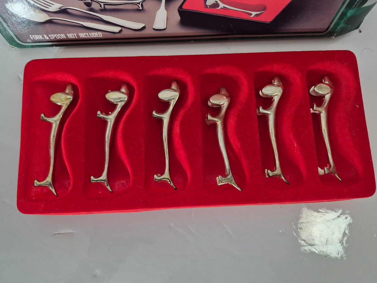 Vintage Silver-Plated Dog Spoon & Fork Holders – Set of 6 with Original Box
