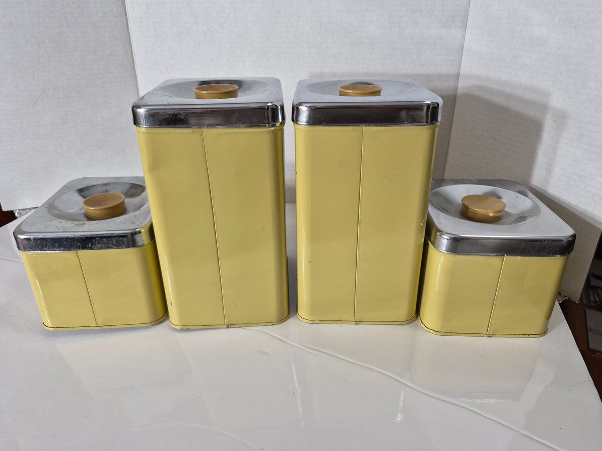 Vintage 1960s–70s Ekco Canada 4-Piece Harvest Gold Metal Canister Set – Flour, Sugar, Coffee & Tea