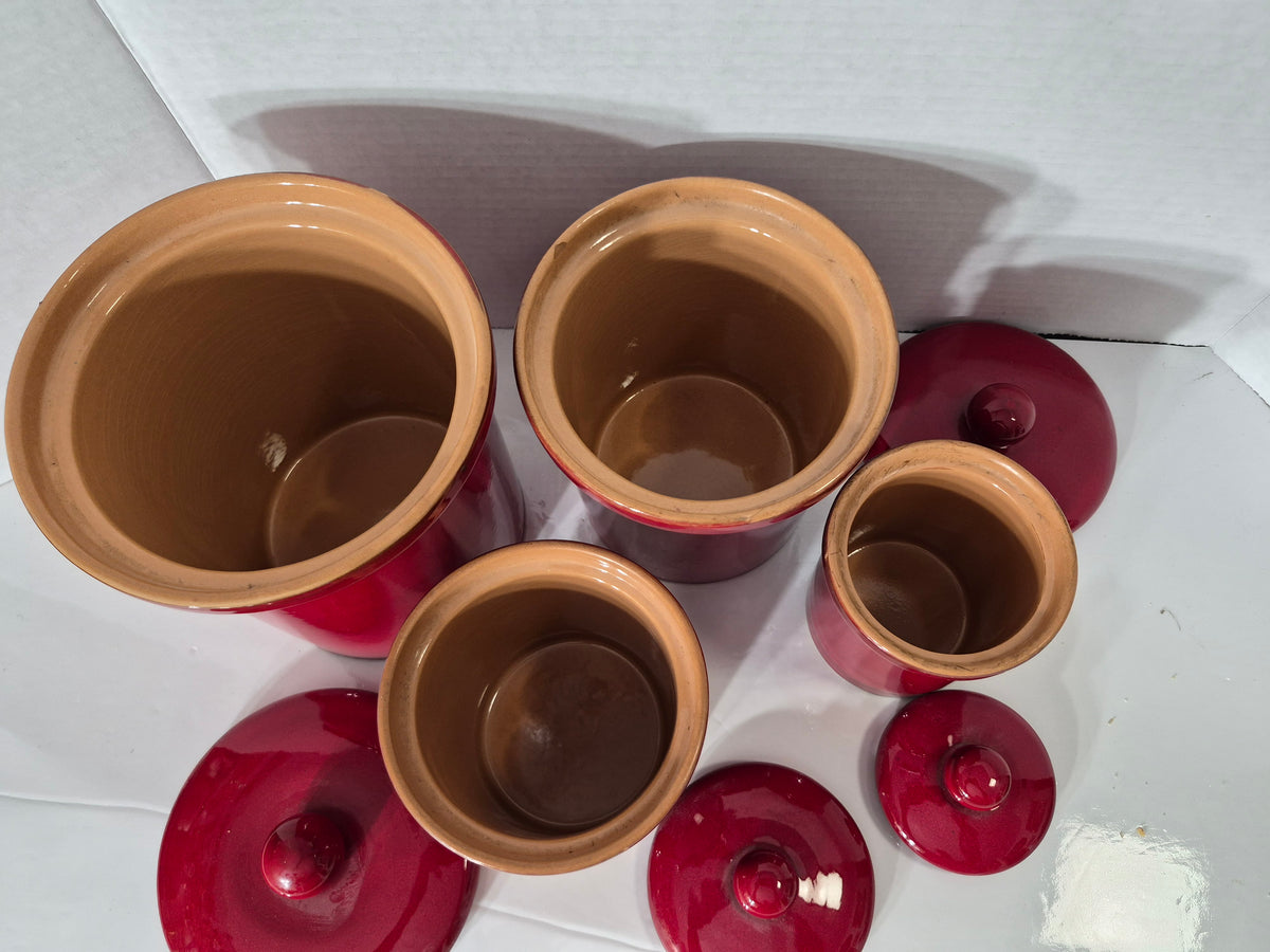 Vintage 4-Piece Burgundy Red Ceramic Kitchen Canister Set with Lids