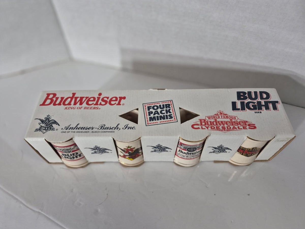 Vintage 1996 Budweiser Four Pack Minis Ceramic Stein Set – Bud Light & Clydesdales – Original Box