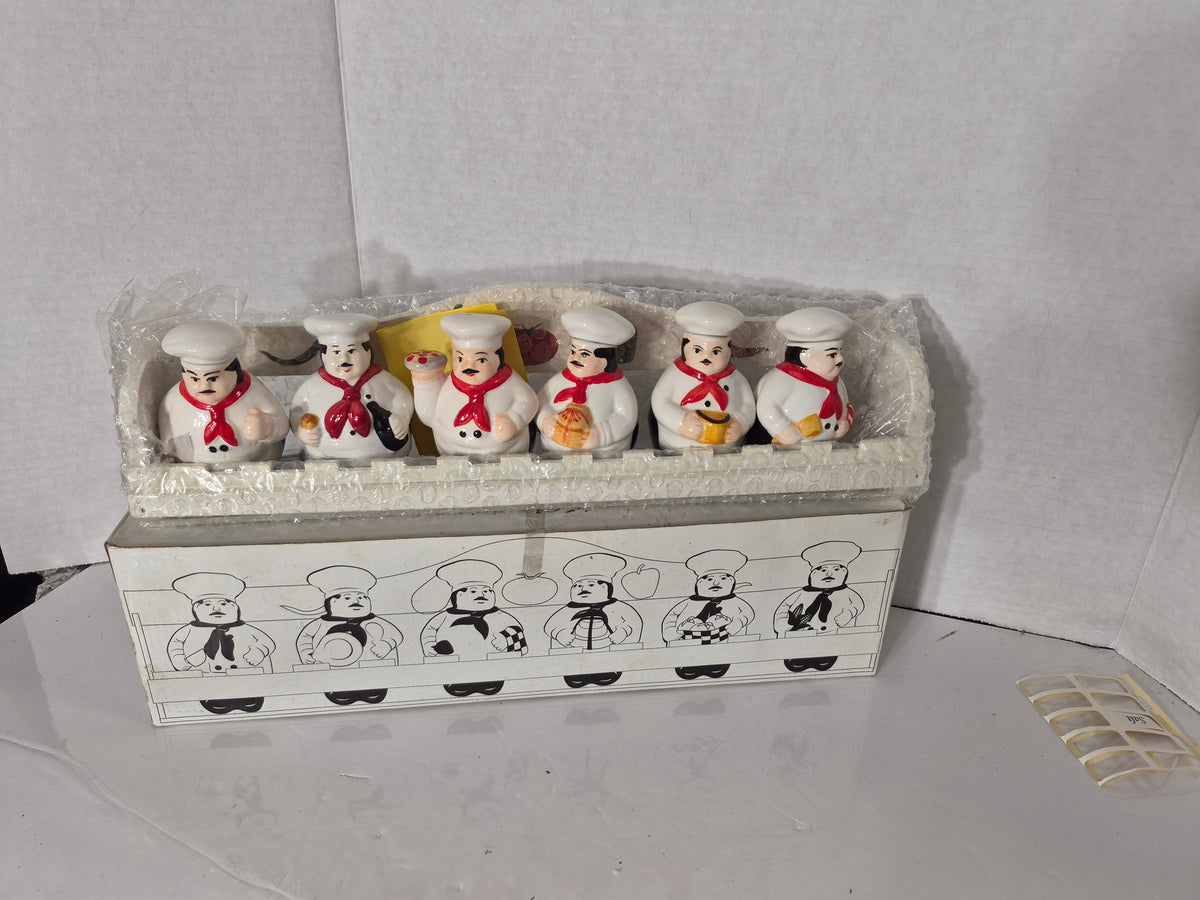 Vintage Reader’s Digest Ceramic Chef Spice Shaker Set with Holder Rack & Original Box – Set of 6 – 15"