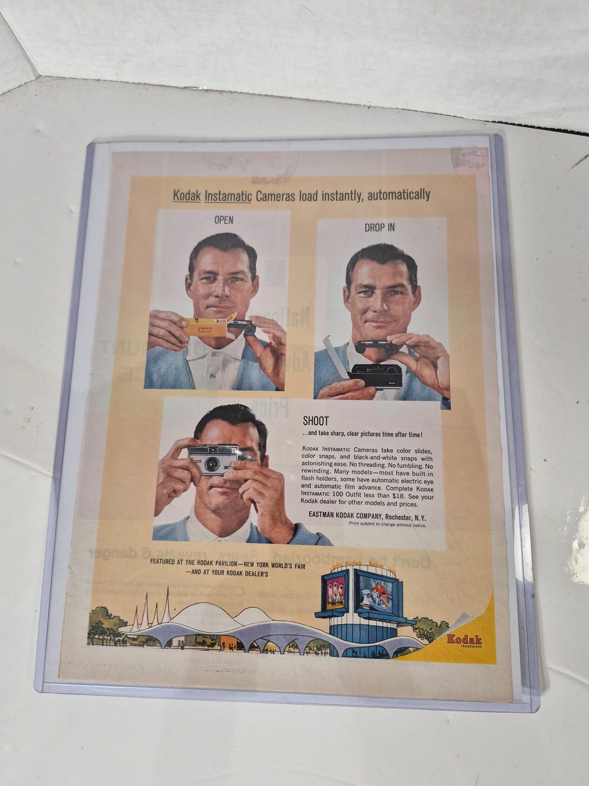 1964 Kodak Instamatic Cameras “Open • Drop In • Shoot” New York World’s Fair Magazine Advertisement – 10.25" x 13.5"