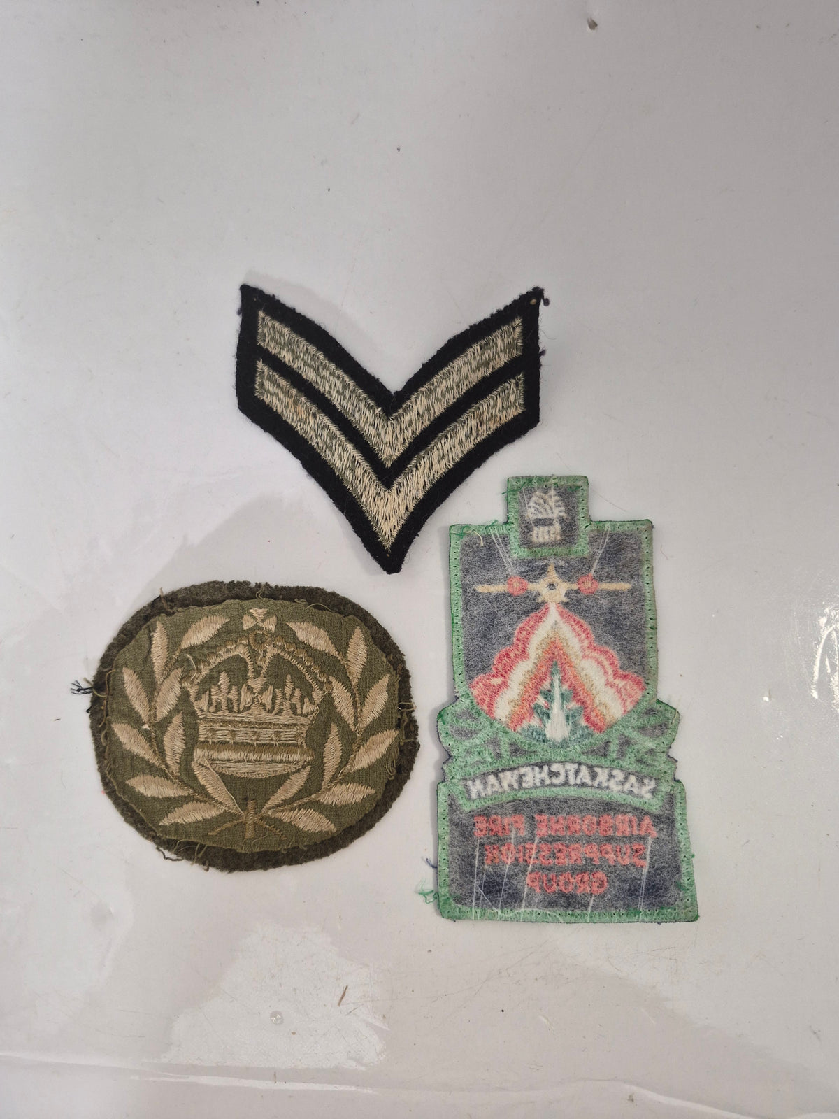 Vintage Embroidered Patch Lot of 3 – Saskatchewan Airborne Fire Suppression, Military Rank & Crown Insignia