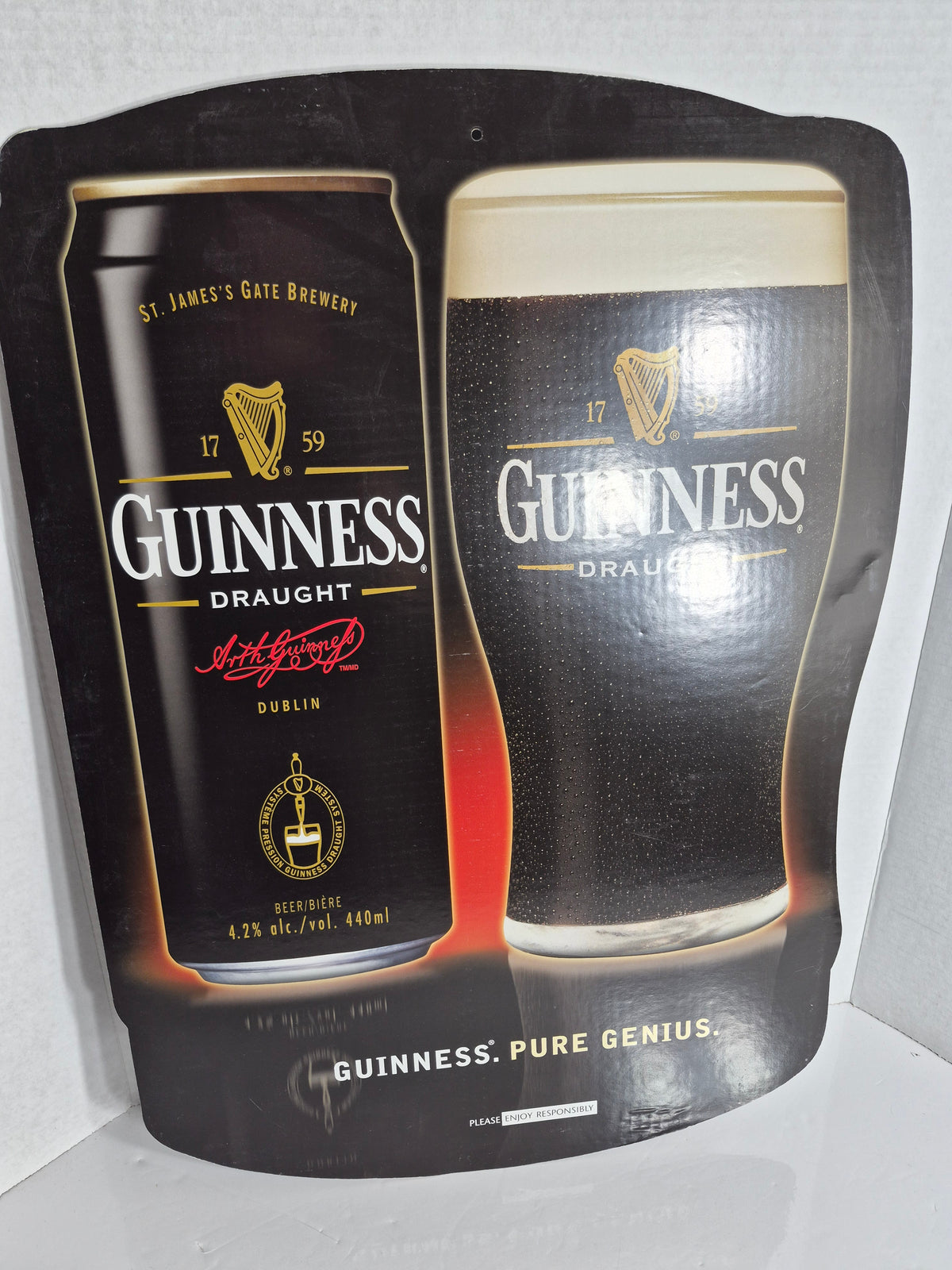 Guinness Draught "Pure Genius" Double-Sided Die-Cut Cardboard Sign – 16.5 x 22.75 in.