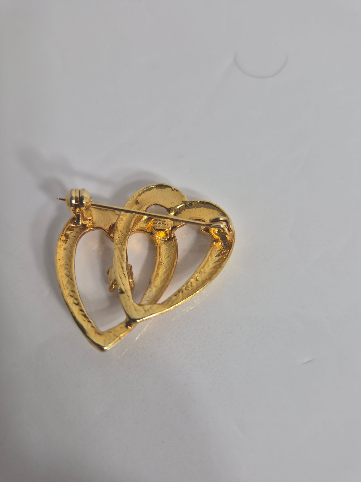 Vintage Gold Tone Double Heart Brooch with Clear Stone — 1.25 Inch