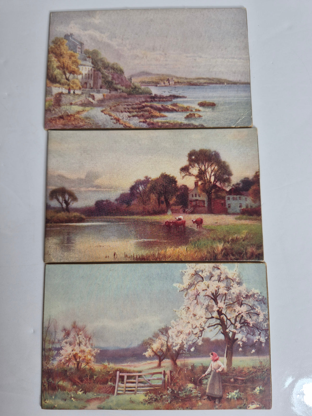 Antique C. W. Faulkner Panel Greeting Card Lot of 11 – British Landscape Art Postcards, London – Birthday Wishes Backs