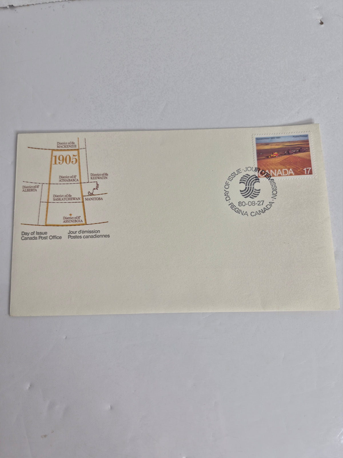 First Day Cover Pair – 1980 Saskatchewan 75th Anniversary (Regina Cancel) + 1976 Andorra FDC for the Montreal Olympics