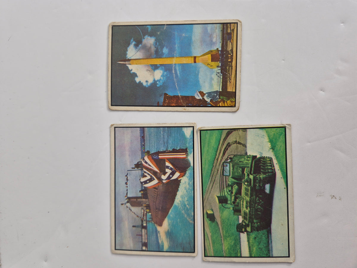 1954 Bowman "Power for Peace" Military Trading Cards – Lot of 9 – USS Nautilus Atomic Submarine – Nike Guided Missile – Viking Rocket – 75mm Recoilless Rifle – Tracked Weasel