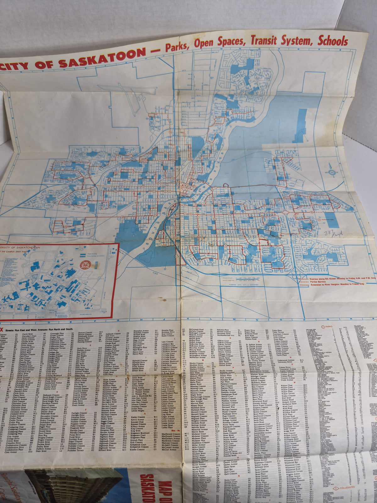 Vintage Map of Saskatoon – "Beautiful Saskatoon, the Potash Capital of the World" – Sheraton Cavalier Cover – City of Saskatoon Parks, Transit System & Schools Map with Full Street Index