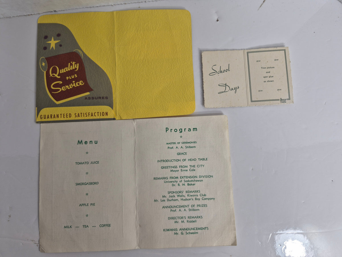 Saskatoon Exhibition Youth Camp Annual Banquet Souvenir Program – July 22, 1965 – Kiwanis Club & Hudson's Bay – Plus Super Pak Snapshot Folder & School Days Folder – Saskatoon Ephemera Lot of 3