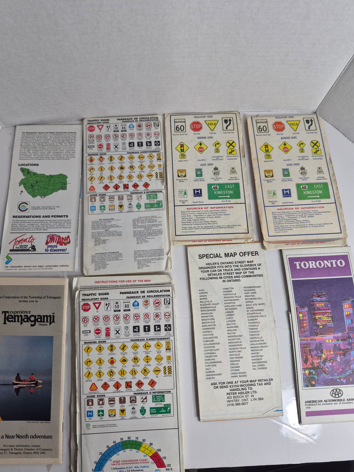 Vintage Ontario Road Maps & Travel Brochures – Lot of 8 – Official Road Maps 1971, 1972, 1982/83 & 1986/87 – AAA Toronto – Brampton City Plan – Temagami