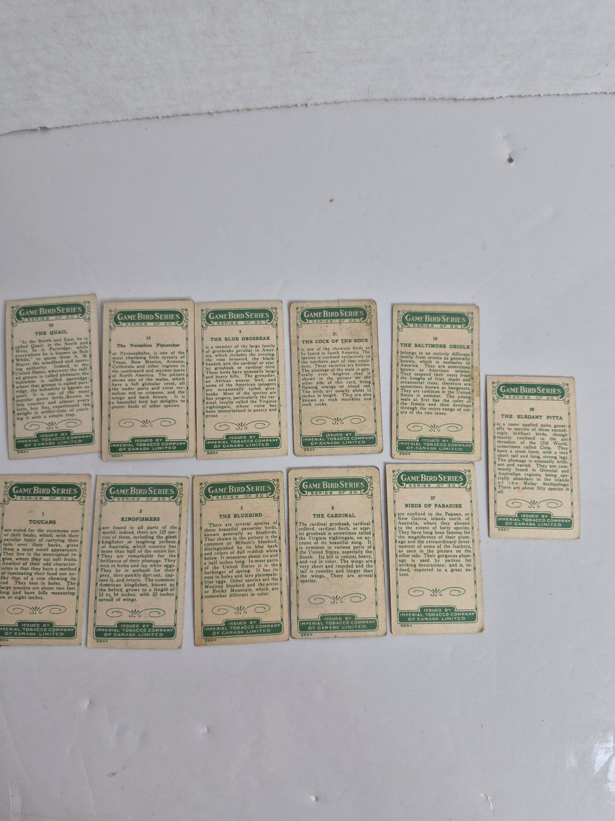 Imperial Tobacco Game Bird Series Cards – Lot of 11 Different – 1920s Canadian Tobacco Cards – Cardinal, Toucan, Kingfisher & More