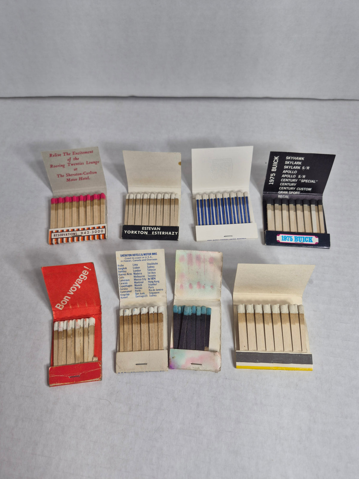 Full Matchbooks Lot of 8 – Sheraton Carlton Winnipeg Beachcomber, Bearing & Transmission Regina, Kelsey Motors Churchill, 1975 Buick, Travelodge