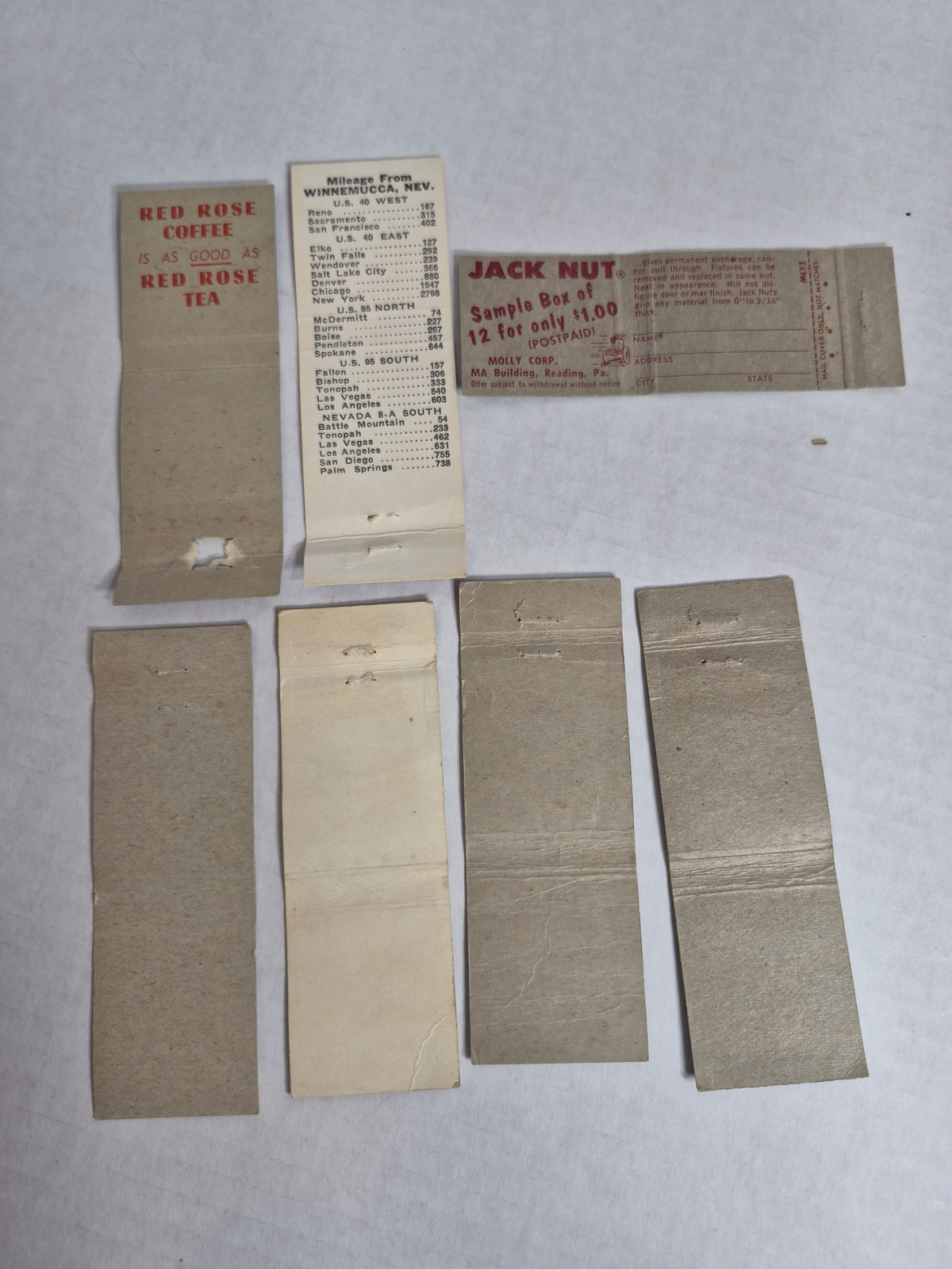 Vintage Matchbook Covers Lot of 7 – Red Rose Tea, Johnson Sea-Horse, Prestone, Keith's Truck Stop Winnemucca, Jack Nut