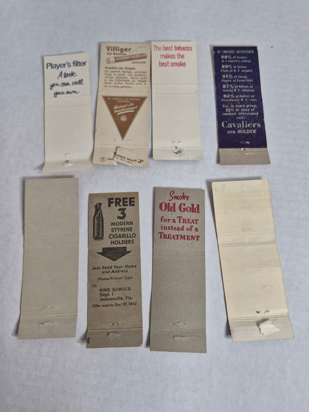 Vintage Tobacco Matchbook Covers Lot of 8 – Camel, Player's, Old Gold, King Edward, No 7, Commodore, Cavalier, Villiger
