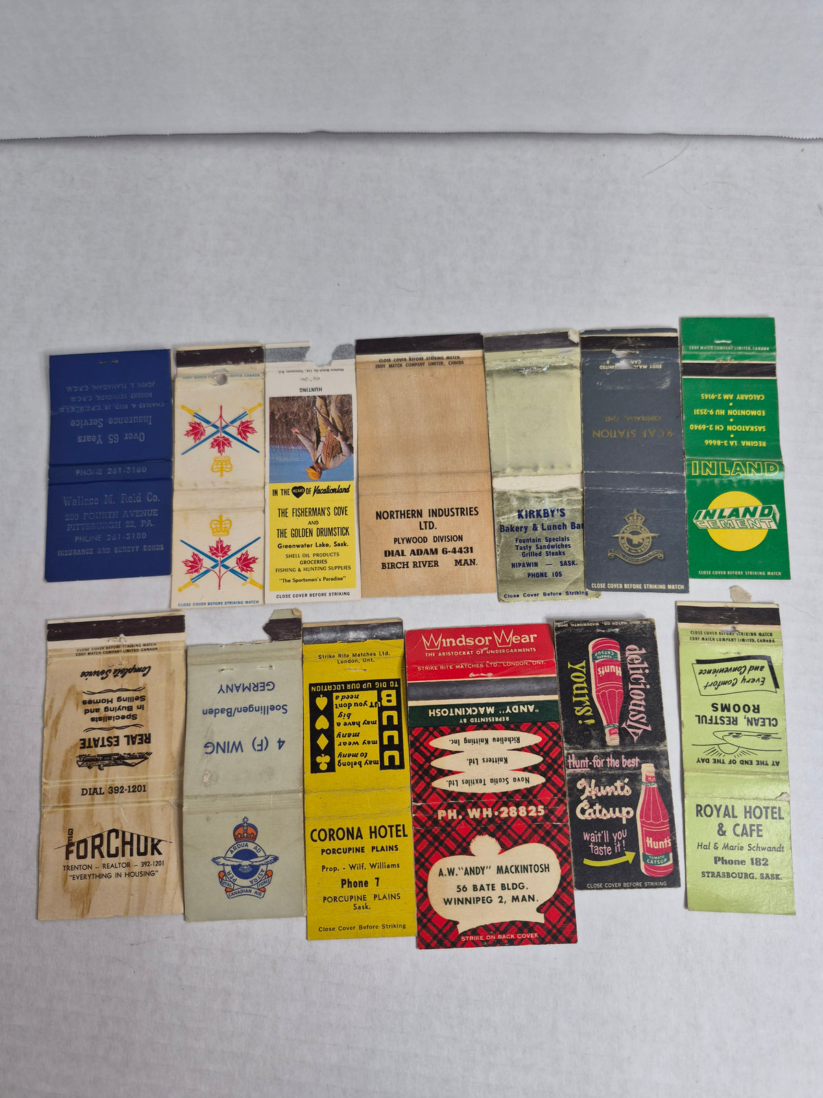 Vintage Matchbook Covers Lot of 13 RCAF Station Centralia 4 (F) Wing Germany Canadian Army Hunt's Catsup Inland Cement Saskatchewan Cafés & Hotels