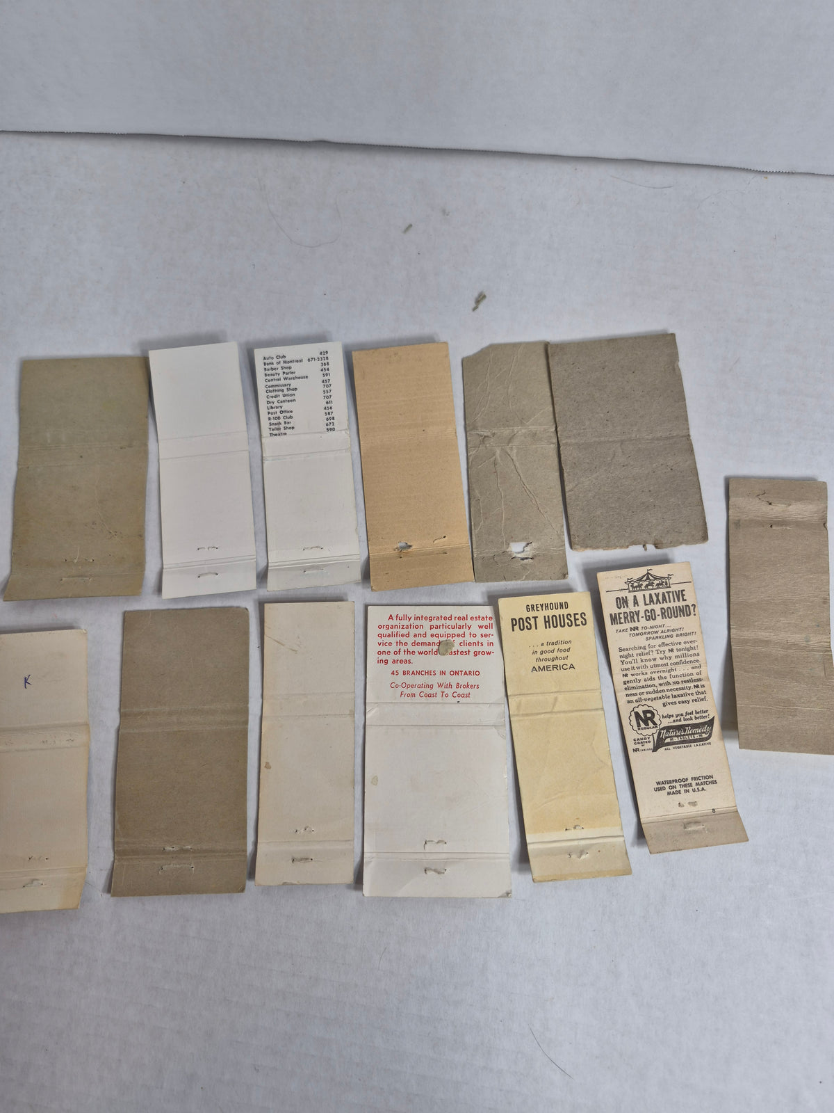 Vintage Matchbook Covers, Lot of 13 – RCAF & CFB Mess Covers, 1954 British Empire Games Vancouver, Tisdale Hotel Pair, Greyhound Scenicruiser, Tums