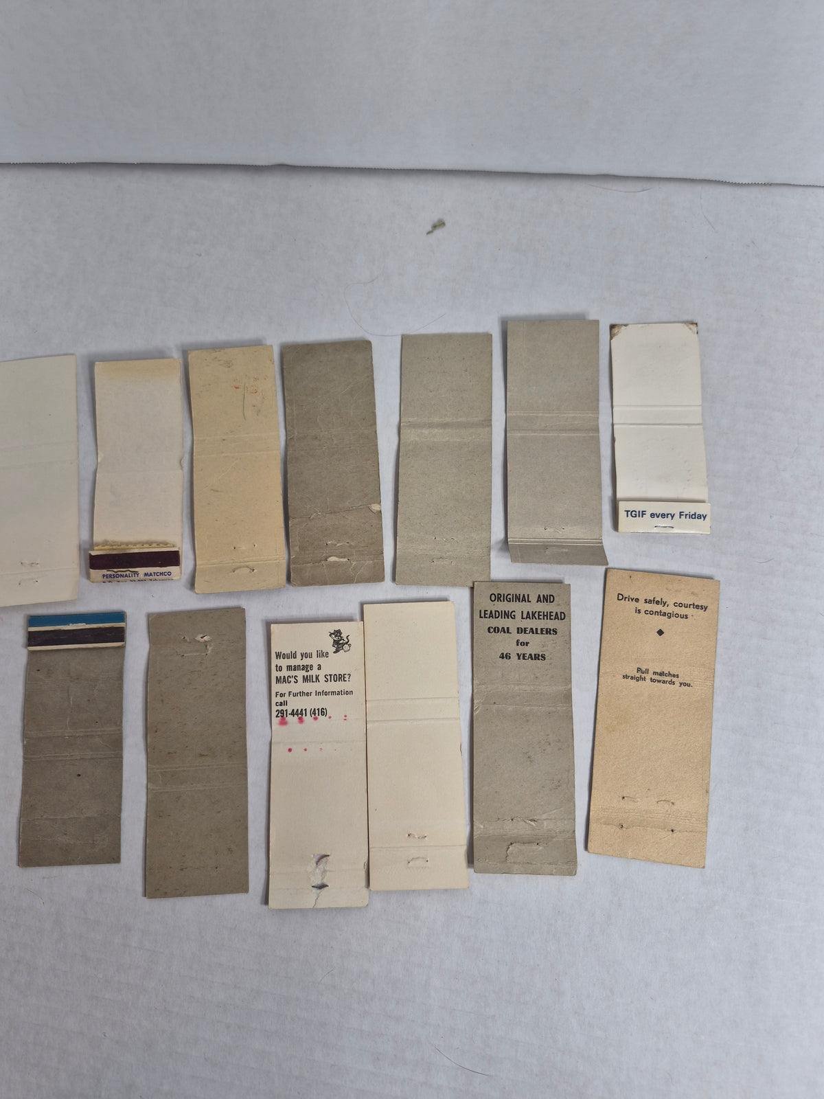 Vintage Matchbook Covers, Lot of 13 – Saskatchewan Hotels & Cafes, RCAF & CFB Military, University of Manitoba, Mac's Milk, 1974 Commonwealth Games