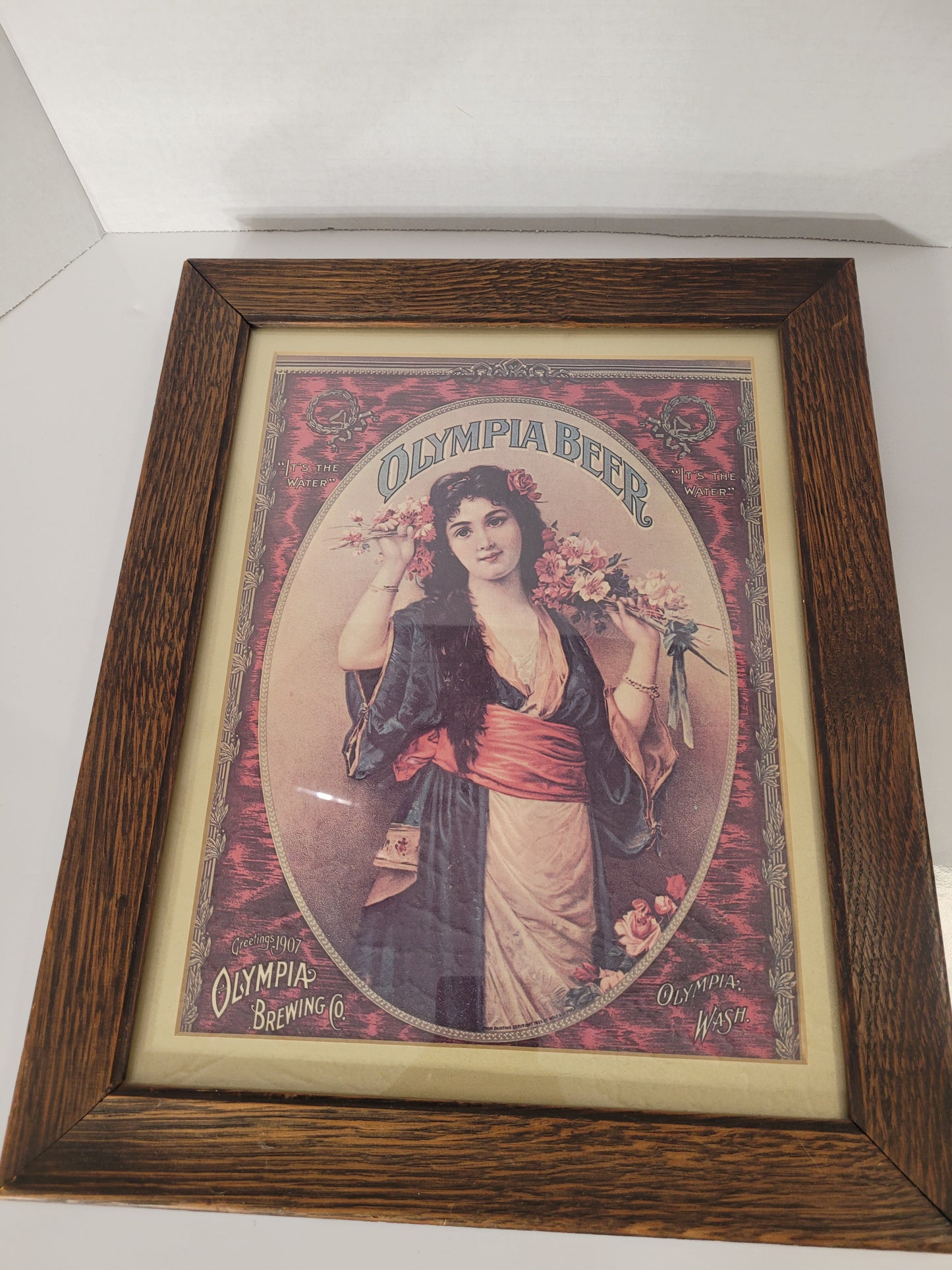 Vintage 1976 Olympia Beer “Greetings 1907” Framed Advertising Print – 16.5" × 13.5"