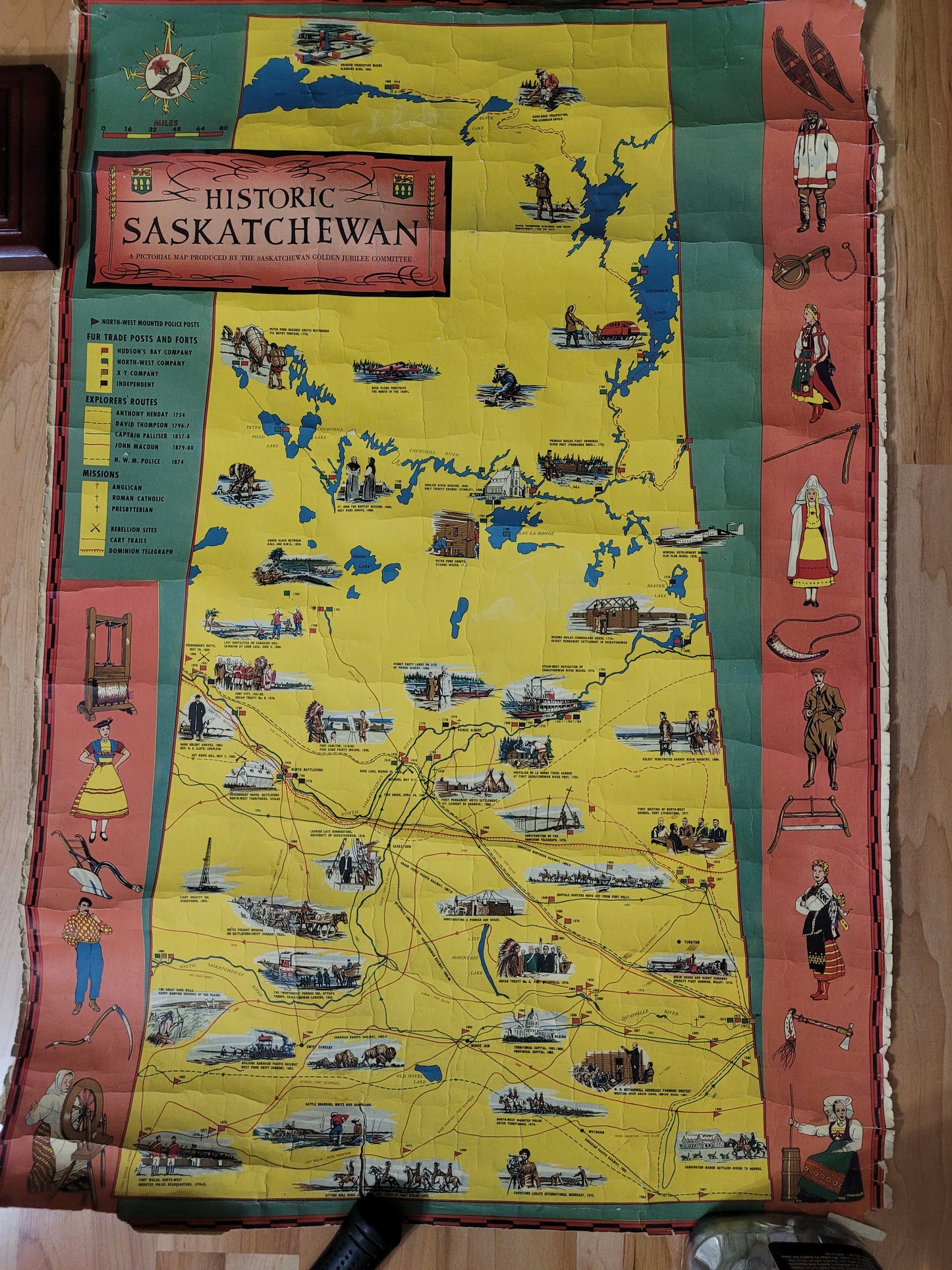 1955 Historic Saskatchewan Golden Jubilee Pictorial Wall Map – 35" × 24"