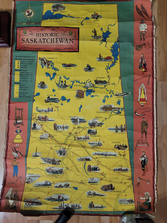 1955 Historic Saskatchewan Golden Jubilee Pictorial Wall Map – 35" × 24"