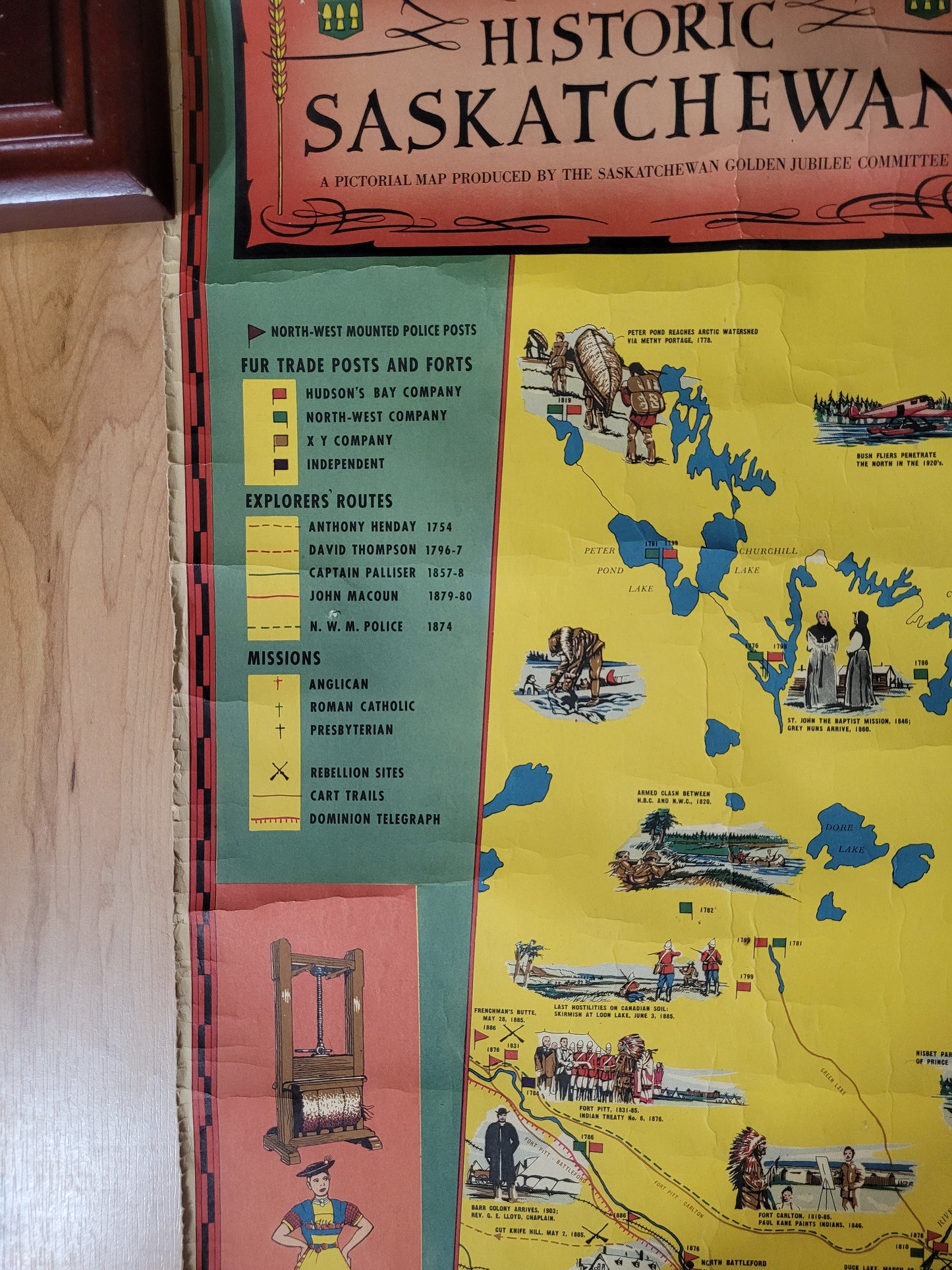 1955 Historic Saskatchewan Golden Jubilee Pictorial Wall Map – 35" × 24"