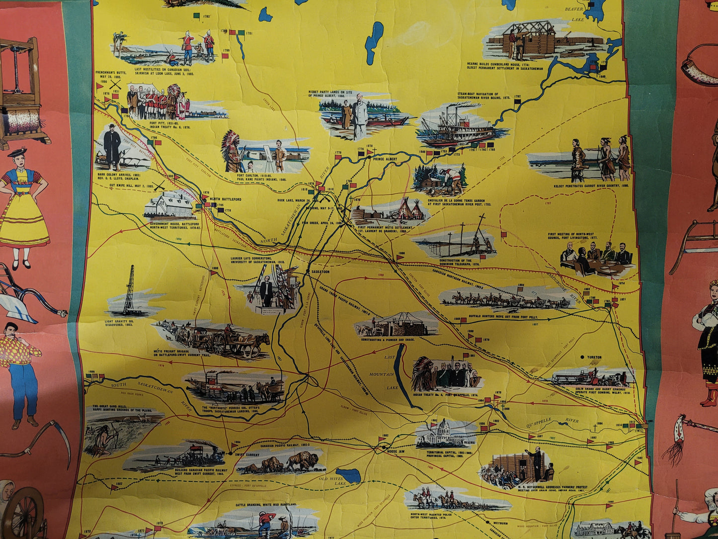 1955 Historic Saskatchewan Golden Jubilee Pictorial Wall Map – 35" × 24"