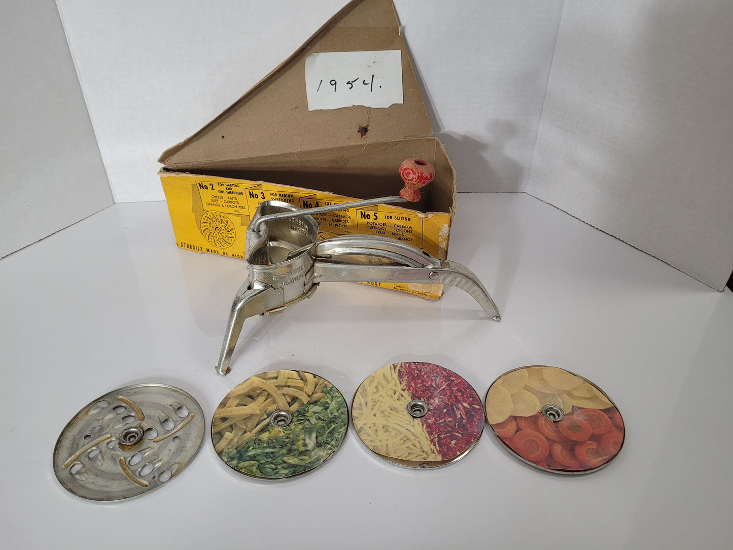 Vintage 1950s Mouli Julienne Shredder & Salad Maker – 4 Discs with Original Box