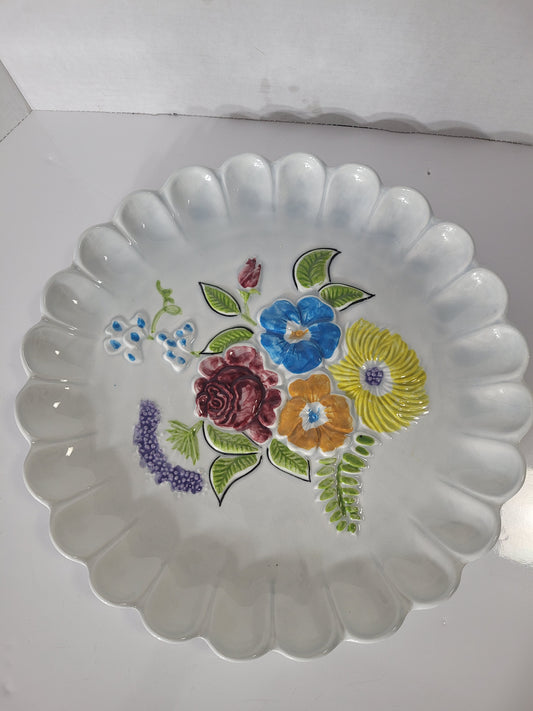 Vintage Calif USA 1071 Raised Floral Ceramic Serving Platter – 14-Inch