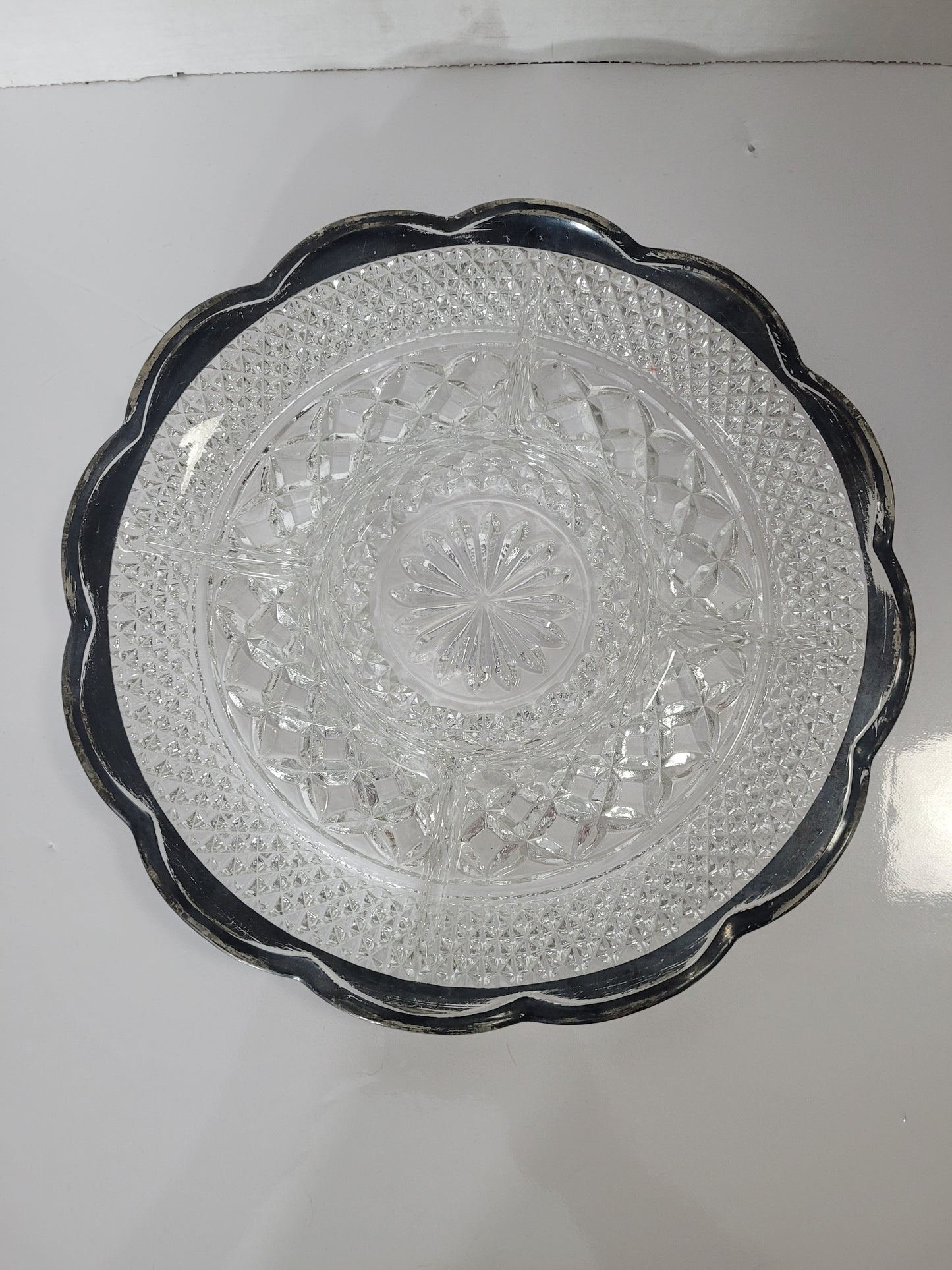 Vintage Clear Pressed-Glass Divided Relish Tray with Silver-Tone Rim – 11 Inches