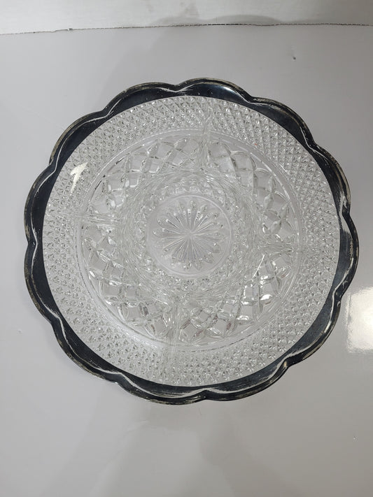 Vintage Clear Pressed-Glass Divided Relish Tray with Silver-Tone Rim – 11 Inches