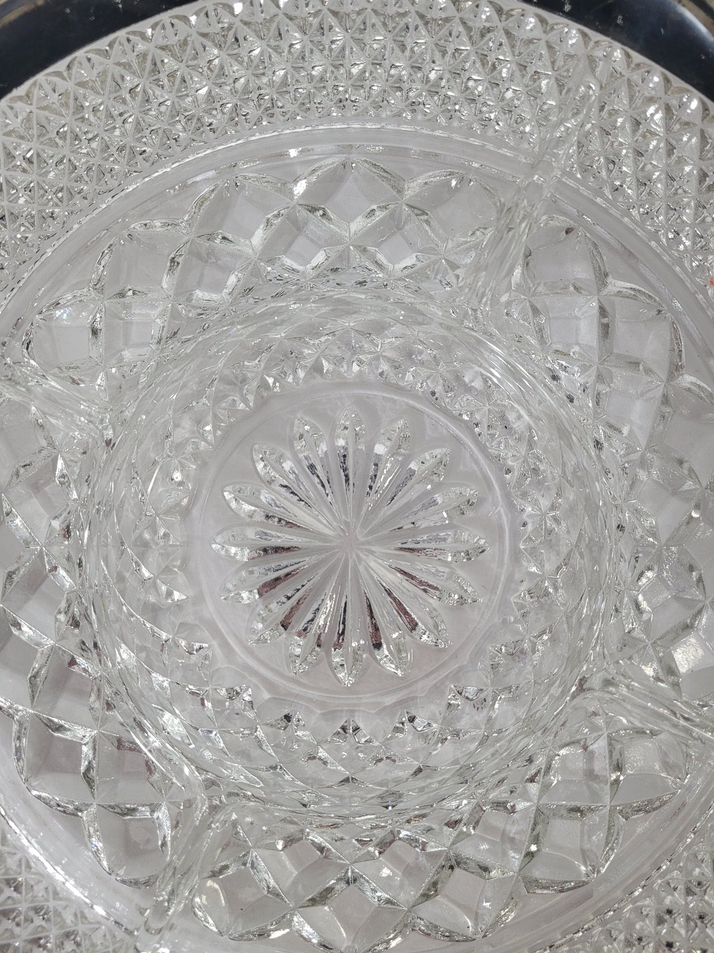 Vintage Clear Pressed-Glass Divided Relish Tray with Silver-Tone Rim – 11 Inches