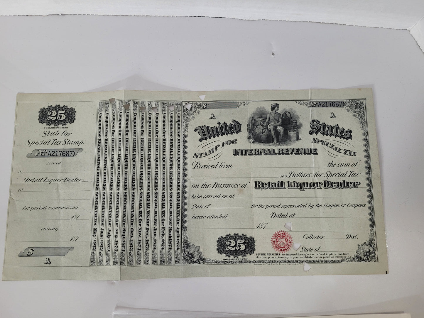Antique 1873–1874 U.S. Internal Revenue Retail Liquor Dealer Tax Stamp – 14" × 7"