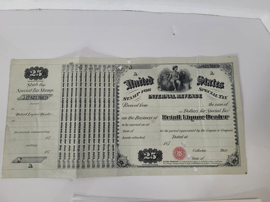 Antique 1873–1874 U.S. Internal Revenue Retail Liquor Dealer Tax Stamp – 14" × 7"