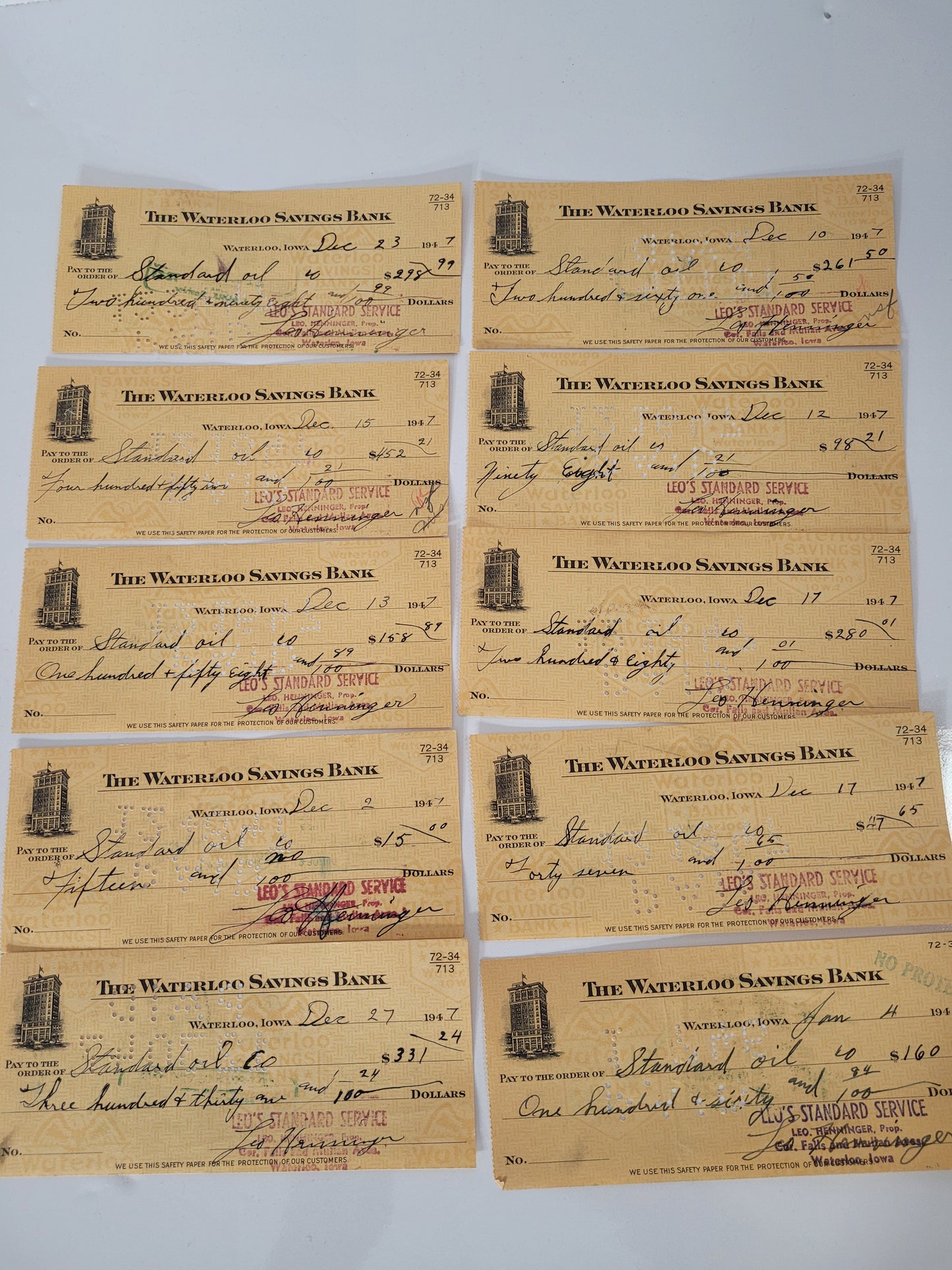 Lot of 10 Vintage 1946–1947 Standard Oil Cancelled Bank Checks – Waterloo, Iowa
