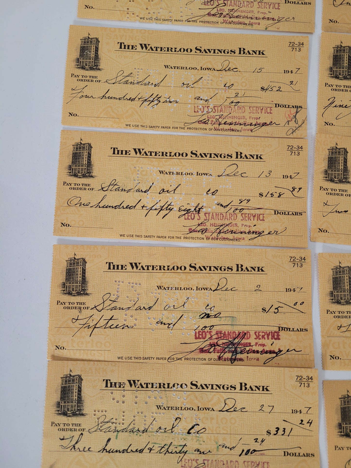 Lot of 10 Vintage 1946–1947 Standard Oil Cancelled Bank Checks – Waterloo, Iowa