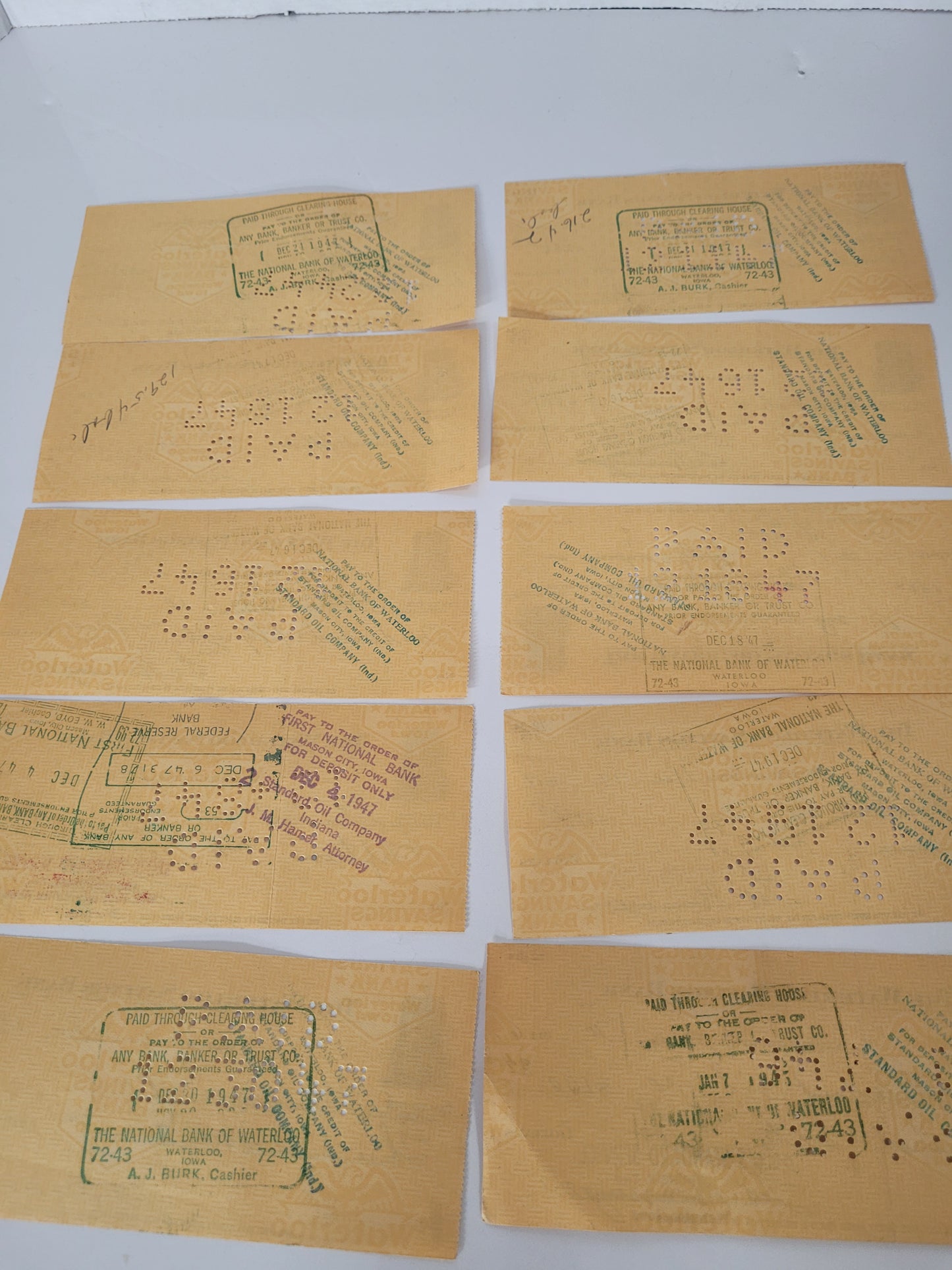Lot of 10 Vintage 1946–1947 Standard Oil Cancelled Bank Checks – Waterloo, Iowa