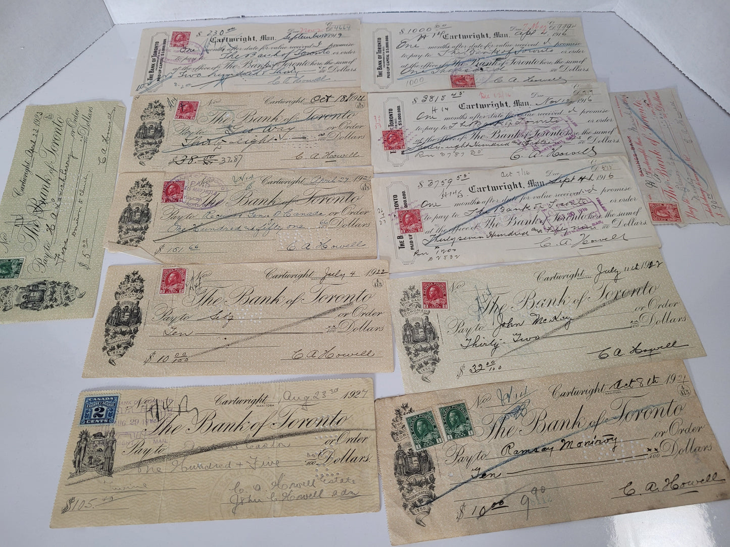 Lot of 12 Antique Canadian Bank Cheques & Promissory Notes – Cartwright, Manitoba, 1916–1927