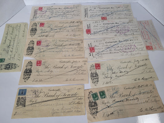Lot of 12 Antique Canadian Bank Cheques & Promissory Notes – Cartwright, Manitoba, 1916–1927