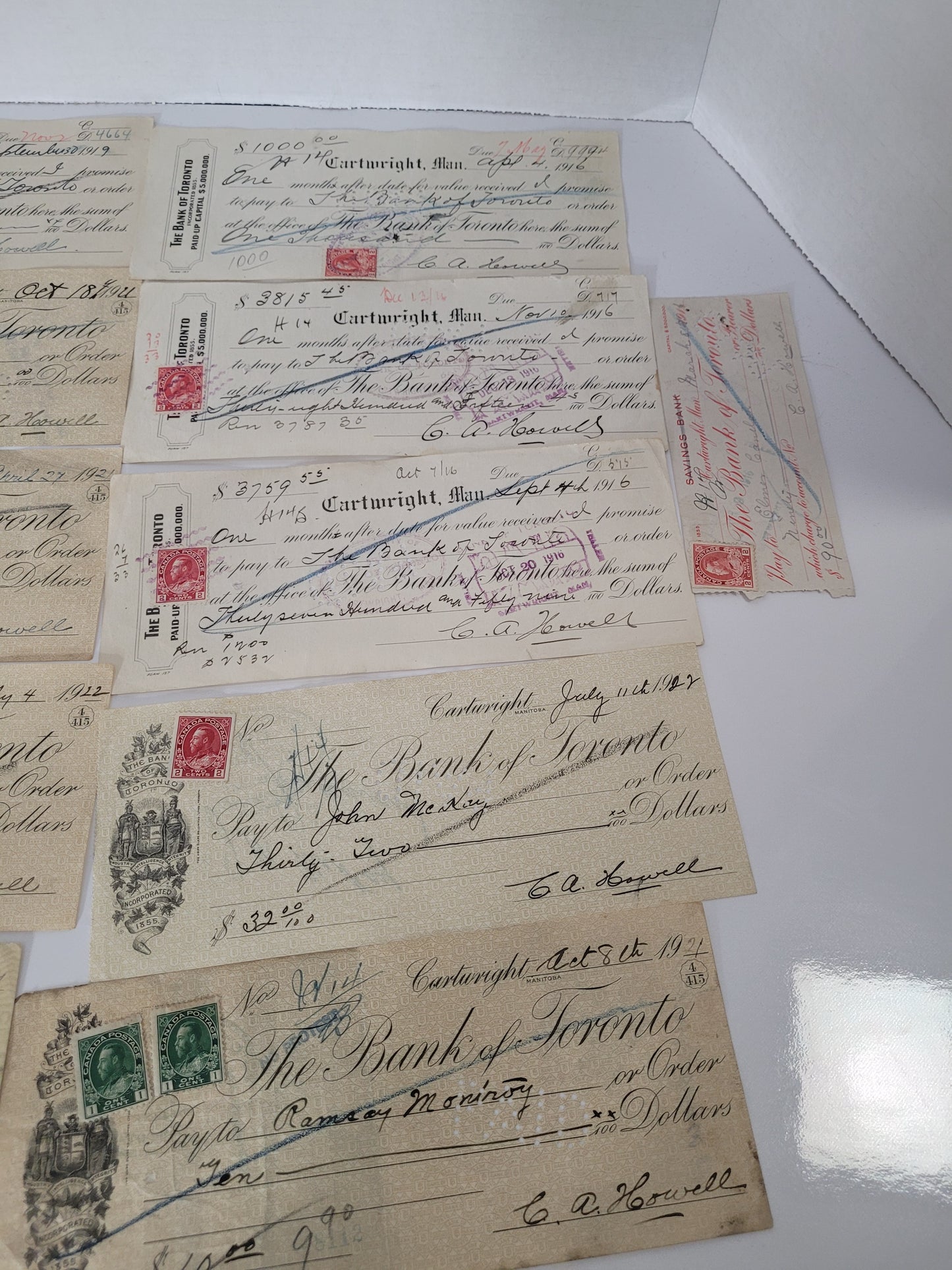 Lot of 12 Antique Canadian Bank Cheques & Promissory Notes – Cartwright, Manitoba, 1916–1927