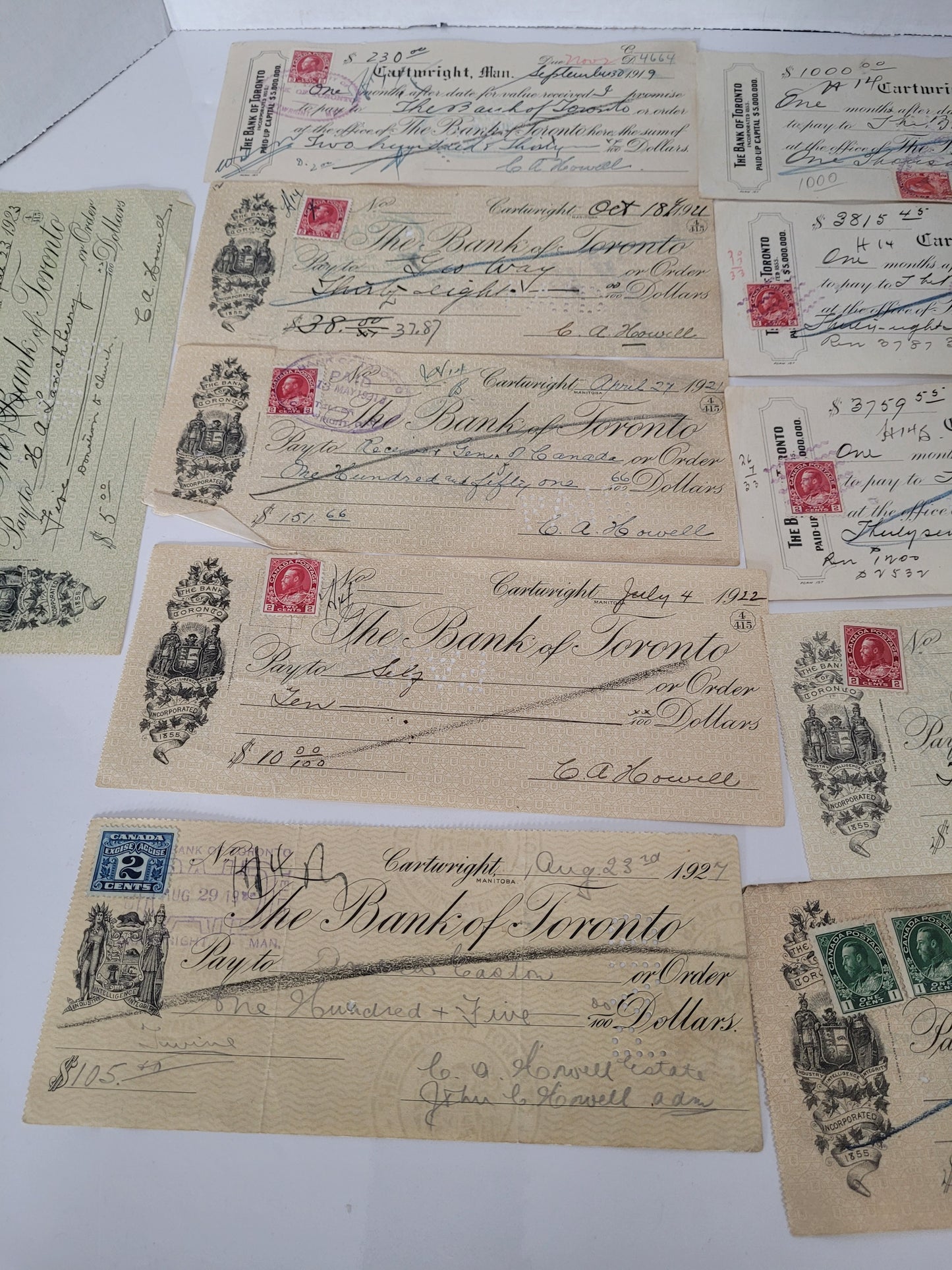 Lot of 12 Antique Canadian Bank Cheques & Promissory Notes – Cartwright, Manitoba, 1916–1927